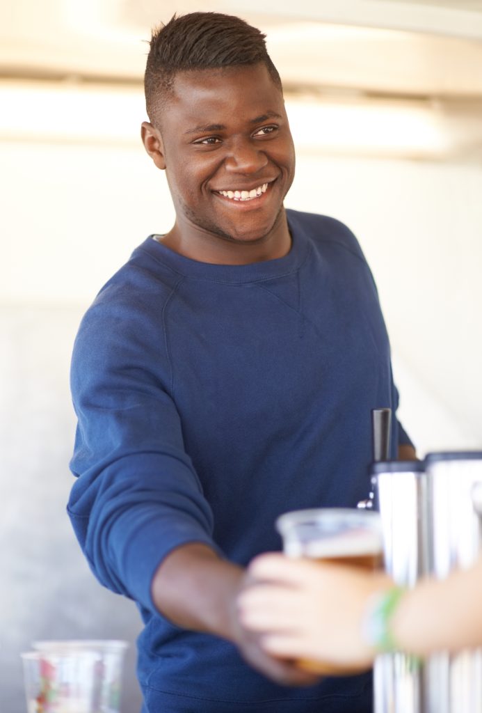 container bar bartender serving beer outside